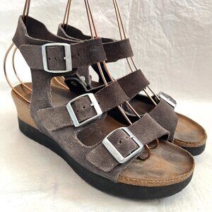 Birkenstock Papillio Linnea sandals EU 38 gray taupe suede ankle strap wedges